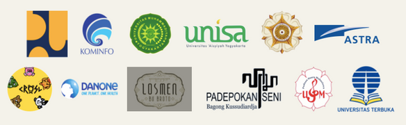 Logo mitra Setara Media Kreasi: Kominfo, UMY, Unisa, Astra, Danone, Losmen Bu Broto, Padepokan Seni Bagong Kussudiardja, Universitas Terbuka